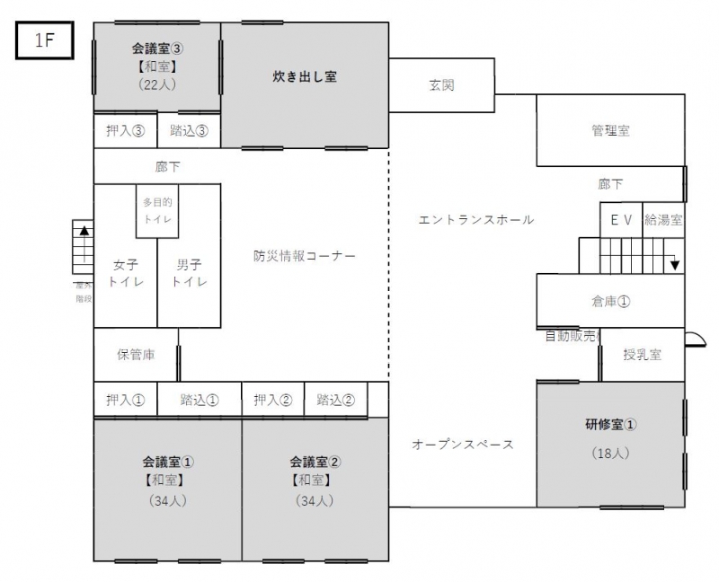 松橋西防災拠点センター配置図　1階の画像。