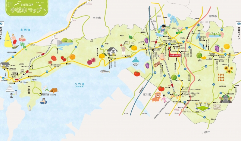 宇城市のランドマークや特産品が載っている地図画像