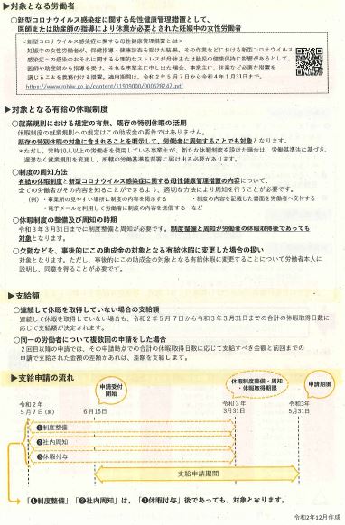 休暇取得支援助成金について、対象となる労働者の説明画像。新型コロナウイルス感染症に関する母性健康管理措置として、医師または助産師の指導により休業が必要とされた妊娠中の女性労働者。新型コロナウイルス感染症に関する母性健康管理措置とは、妊娠中の女性労働者が、保健指導・健康診査を受けた結果、その作業などにおける新型コロナウイルス感染症への感染のおそれに関する心理的なストレスが母体または胎児の健康保持に影響があるとして、医師や助産師から指導を受け、それを事業主に申し出た場合、事業主に、休業など必要な措置を講じることを義務付ける措置。適用期間は、令和2年5月7日から令和4年1月31日まで。対象となる有給の休暇制度、就業規則における既定の有無、既存の特別休暇の活用、休暇制度の就業規則への規定はこの助成金の要件ではありません。既存の特別休暇の対象に含まれることを明示して、労働者に周知することでも対象となります。ただし、常時10人以上の労働者を使用している事業主が、新たな休暇制度を設けた場合は、労働基準法に基づき、遅滞なく就業規則を変更し、諸葛の労働基準監督署に届ける必要があります。制度の周知方法、有給の休暇制度と新型コロナウイルス感染症に関する母性健康管理措置の内容について、全ての労働者がその内容を知ることができるよう、適切な方法により周知を行うことが必要です。例:事業所の見やすい場所に制度の内容を掲示する。制度の内容を記載した書面を労働者へ交付する。電子メールを利用して労働者に制度の内容を送信するなど。休暇制度の整備及び周知の期待、令和3年3月31日までに制度整備と周知が必要です。制度整備と周知が労働者の休暇取得後であっても対象となります。欠勤などを、事後的にこの助成金の対象となる有給休暇に変更した場合の扱いは、対象となります。ただし、事後的にこの助成金の対象となる有給休暇に変更することについて労働者本人に説明し、同意を得ることが必要です。支給額、連続して休暇を取得していない場合の支給額は、連続して休暇を取得していない場合も、令和2年5月7日から令和3年3月31日までの合計の休暇取得日数に応じて支給額が決定されます。同一の労働者について複数回の申請をした場合、2回目以降の申請では、その申請時点での合計の休暇取得日数に応じて支給すべき金額と前回までの申請で支給された金額の差額があれば、差額を支給します。支給申請の流れ、(1)制度整備(2)社内周知(3)休暇付与 申請受付開始、休暇制度整備・周知・休暇取得期限、申請期限。1.制度整備、2.社内周知は3.休暇付与後であっても、対象となります。令和2年12月作成。