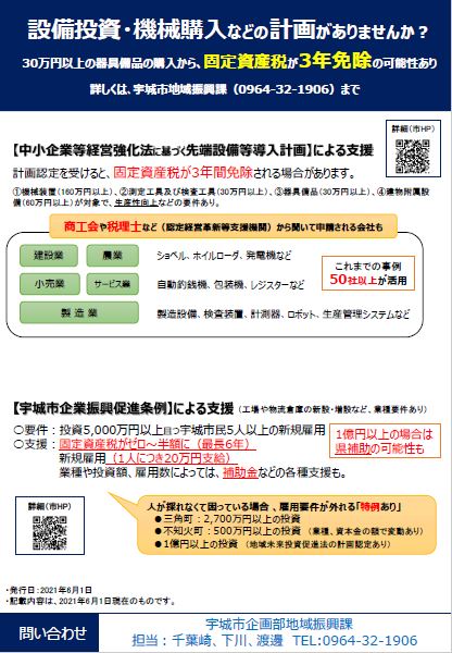 中小企業の設備投資を支援 固定資産税の減免あり 中小企業等経営強化法に基づく導入促進基本計画 宇城市