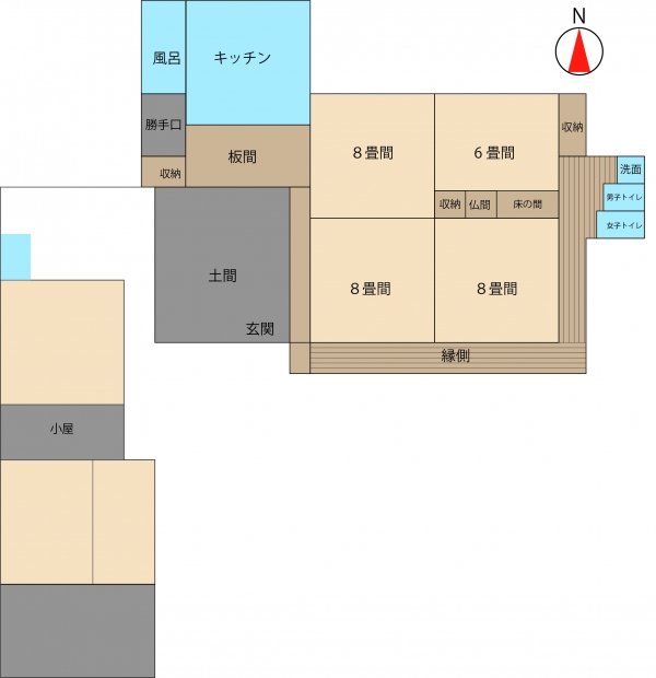 空き家第63号(間取り図)の画像。玄関・土間・8畳間3部屋・6畳間1部屋・女子トイレ・男子トイレ・洗面・キッチン・風呂・小屋。