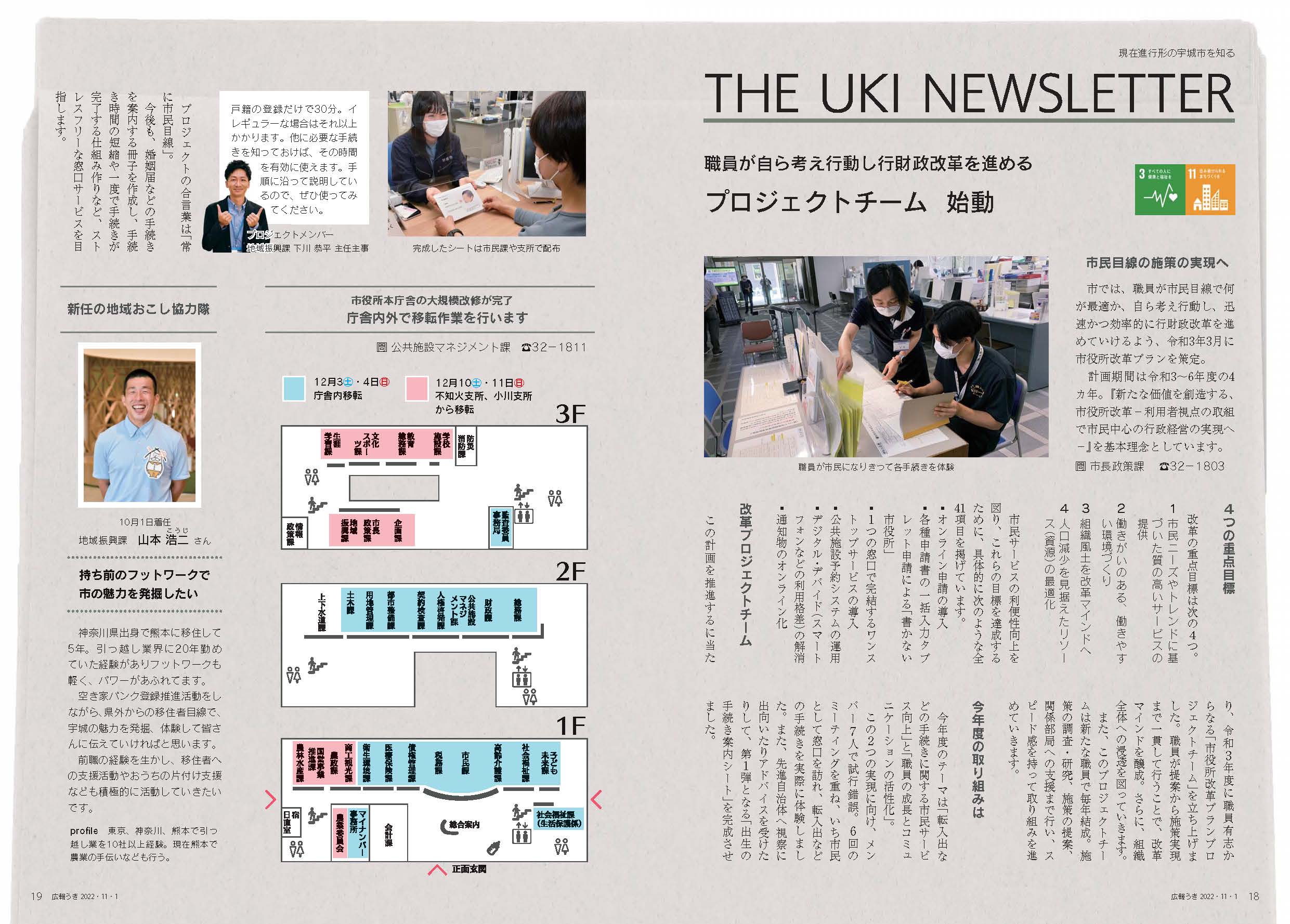 P18、P19　現在進行形の宇城市を知る THE UKI NEWSLETTER のページ画像、詳細はPDFリンクを参照ください。