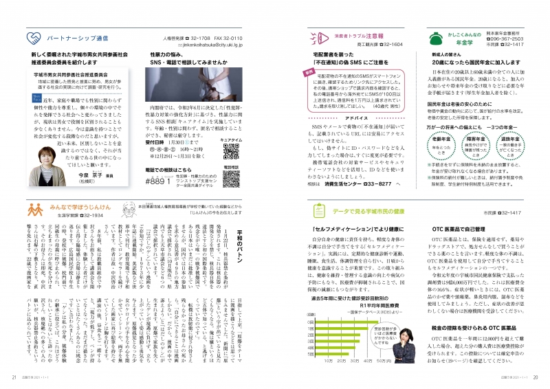 P20、P21 かしこくみんなの年金学/消費者トラブル注意報/データで見る宇城市民の健康/パートナーシップ通信/みんなで学ぼうじんけんの画像、詳細はPDFファイルをご参照ください