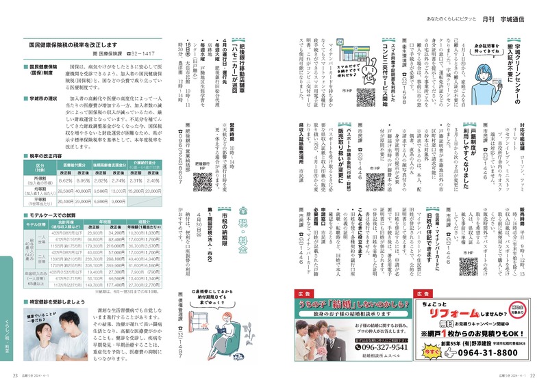 P22、P23 あなたのくらしにピタッと 月刊 宇城通信のページ画像、詳細はPDFファイルを参照ください。