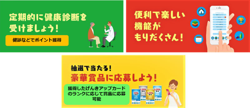 熊本健康アプリの内容やポイント付与、特典を説明している画像、詳細は本文中の熊本健康アプリホームページよりご確認いただけます。