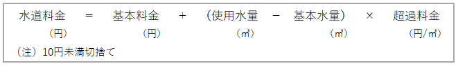 水道料金（円） ハ 基本料金（円） タス （使用水量（立方メートル） ヒク 基本水量（立方メートル）） カケル 超過料金（1立方メートル当たりの円） （注）10円未満は切り捨て