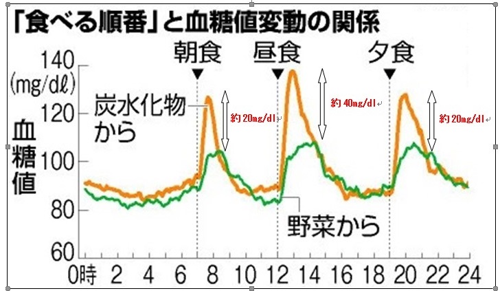 食事をする際、食べる物の順番で血糖値の上昇数がどのくらい変動するかを比較した結果の画像