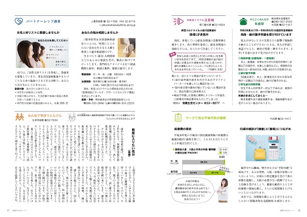 P16、P17 かしこくみんなの年金学/消費者トラブル注意報/データで見る宇城市民の健康/パートナーシップ通信/みんなで学ぼうじんけんの画像。画像の詳細はPDFリンクを参照ください