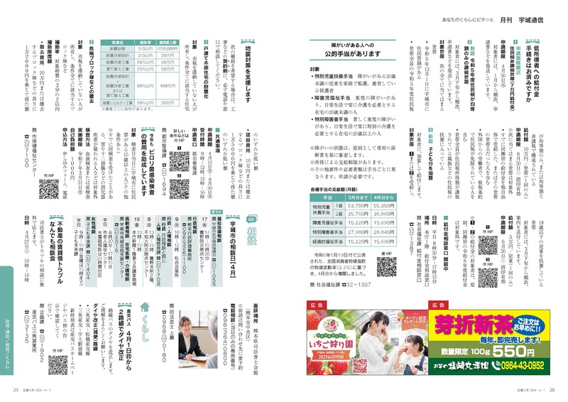 P20、P21 あなたのくらしにピタッと 月刊 宇城通信のページ画像、詳細はPDFファイルを参照ください。