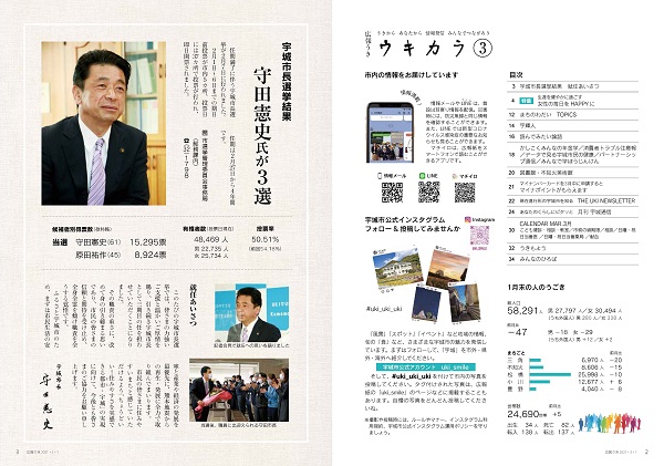 P2、P3 目次/宇城市長選挙結果　就任あいさつの画像、詳細はPDFファイルをご参照ください