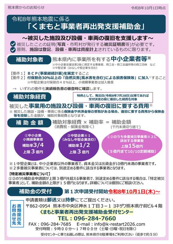 くまもと再出発支援補助金チラシの表。詳細はPDFをご確認ください