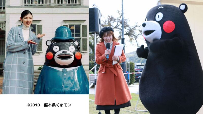くまモン像と松村さん、くまモンと小松野さんの写真