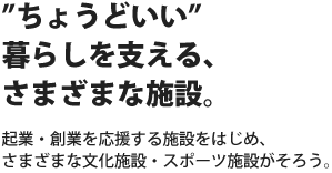 ”ちょうどいい”暮らしを支える、さまざまな施設。起業・創業を応援する施設をはじめ、さまざまな文化施設・スポーツ施設がそろう。