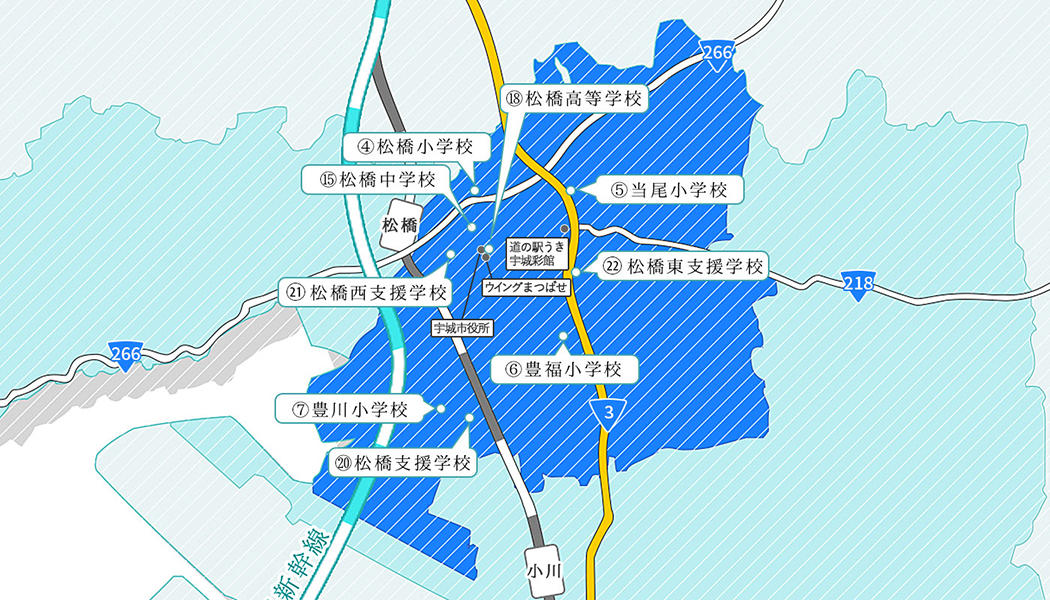 宇城市松橋地区の学校所在地の地図