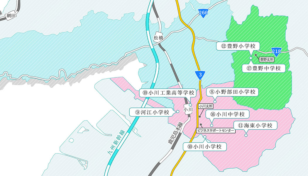 宇城市豊野・小川地区の学校所在地の地図
